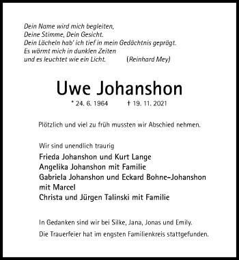 Traueranzeige von Uwe Johanshon von Hildesheimer Allgemeine Zeitung