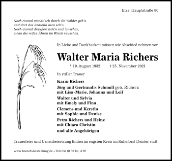 Traueranzeige von Walter Maria Richers von Hildesheimer Allgemeine Zeitung