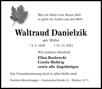 Traueranzeige von Waltraud Danielzik von Hildesheimer Allgemeine Zeitung
