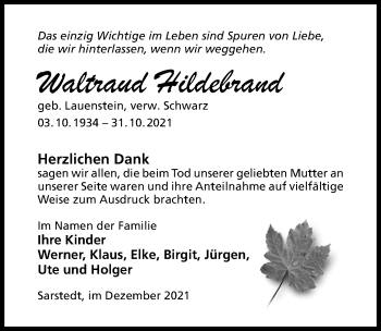 Traueranzeige von Waltraud Hildebrand von Hildesheimer Allgemeine Zeitung