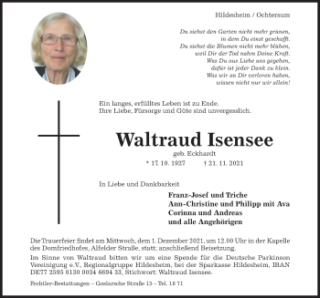 Traueranzeige von Waltraud Isensee von Hildesheimer Allgemeine Zeitung