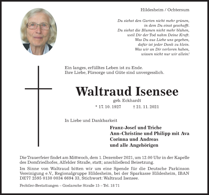  Traueranzeige für Waltraud Isensee vom 27.11.2021 aus Hildesheimer Allgemeine Zeitung