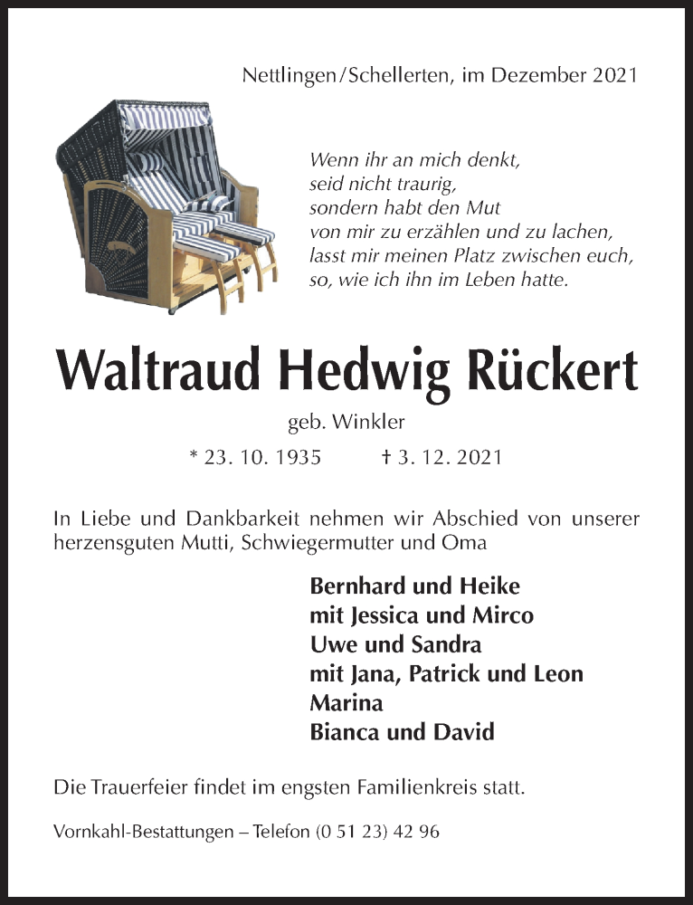  Traueranzeige für Waltraud Hedwig Rückert vom 08.12.2021 aus Hildesheimer Allgemeine Zeitung