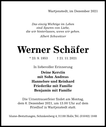 Traueranzeige von Werner Schäfer von Hildesheimer Allgemeine Zeitung