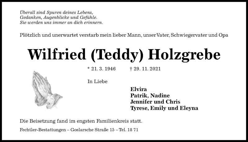  Traueranzeige für Wilfried  Holzgrebe vom 18.12.2021 aus Hildesheimer Allgemeine Zeitung
