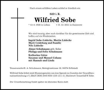 Traueranzeige von Wilfried Sobe von Hildesheimer Allgemeine Zeitung