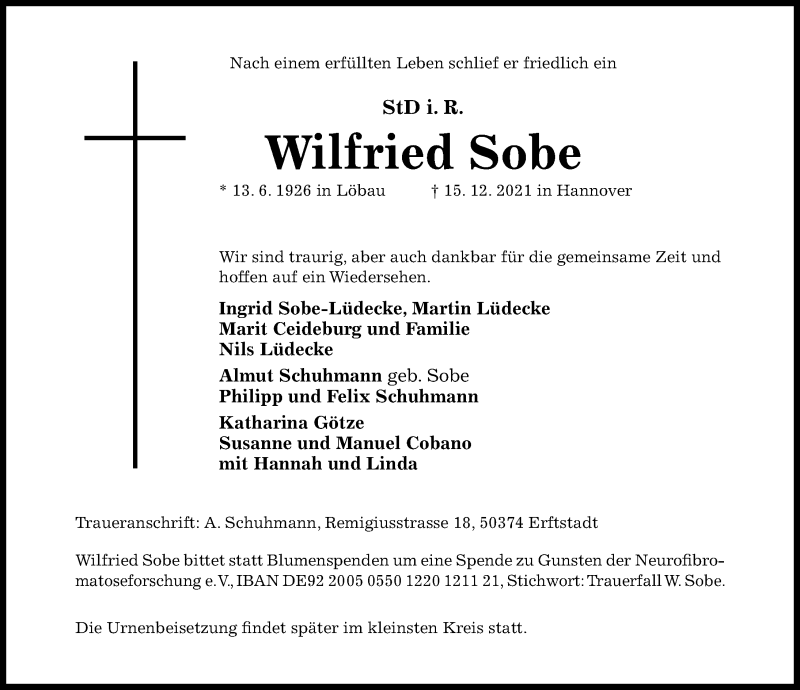  Traueranzeige für Wilfried Sobe vom 28.12.2021 aus Hildesheimer Allgemeine Zeitung