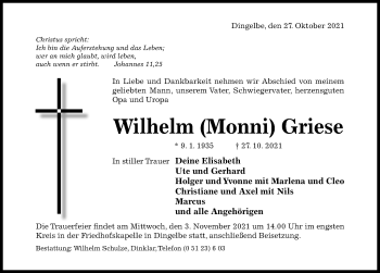 Traueranzeige von Wilhelm Griese von Hildesheimer Allgemeine Zeitung