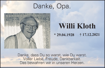 Traueranzeige von Willi Kloth von Hildesheimer Allgemeine Zeitung