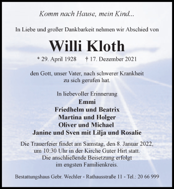Traueranzeige von Willi Kloth von Hildesheimer Allgemeine Zeitung
