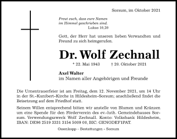 Traueranzeige von Wolf Zechnall von Hildesheimer Allgemeine Zeitung