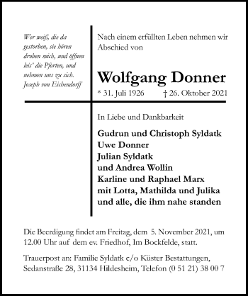 Traueranzeige von Wolfgang Donner von Hildesheimer Allgemeine Zeitung