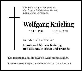 Traueranzeige von Wolfgang Knieling von Hildesheimer Allgemeine Zeitung