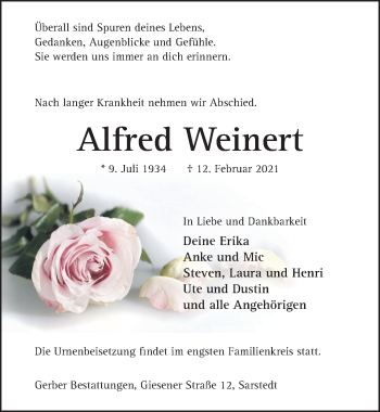 Traueranzeige von Alfred Weinert von Hildesheimer Allgemeine Zeitung