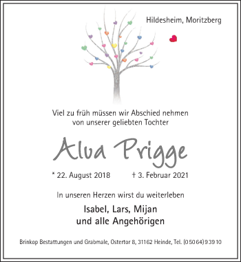 Traueranzeige von Alva Prigge von Hildesheimer Allgemeine Zeitung