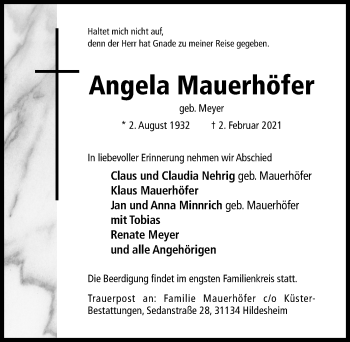 Traueranzeige von Angela Mauerhöfer von Hildesheimer Allgemeine Zeitung