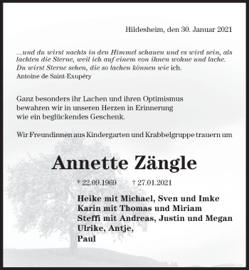 Traueranzeige von Annette Zängle von Hildesheimer Allgemeine Zeitung