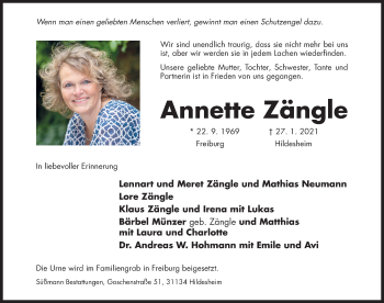 Traueranzeige von Annette Zängle von Hildesheimer Allgemeine Zeitung