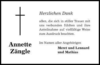Traueranzeige von Annette Zängle von Hildesheimer Allgemeine Zeitung