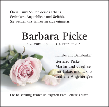 Traueranzeige von Barbara Picke von Hildesheimer Allgemeine Zeitung