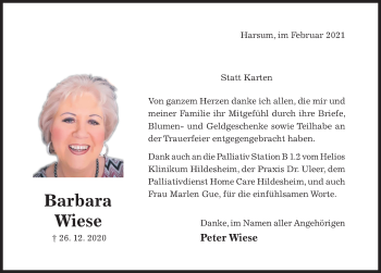 Traueranzeige von Barbara Wiese von Hildesheimer Allgemeine Zeitung