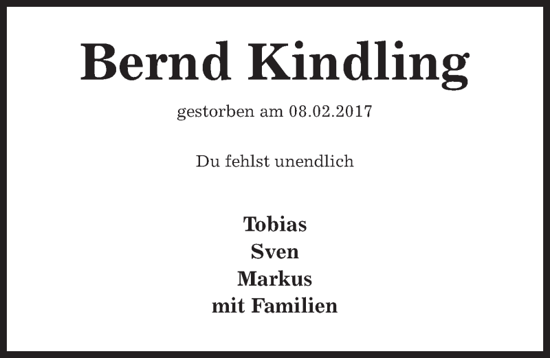  Traueranzeige für Bernd Kindling vom 13.02.2021 aus Hildesheimer Allgemeine Zeitung