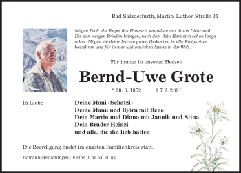 Traueranzeige von Bernd-Uwe Grote von Hildesheimer Allgemeine Zeitung