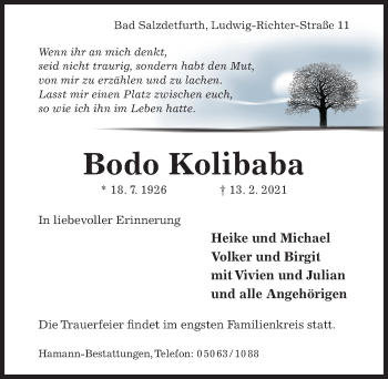 Traueranzeige von Bodo Kolibaba von Hildesheimer Allgemeine Zeitung
