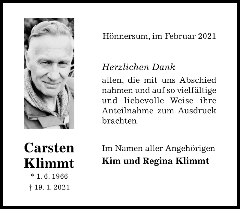  Traueranzeige für Carsten Klimmt vom 15.02.2021 aus Hildesheimer Allgemeine Zeitung