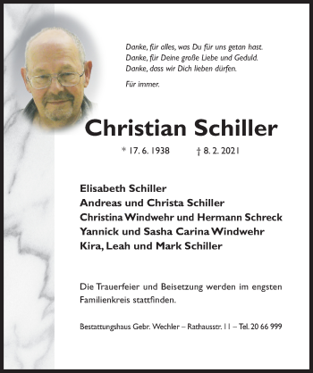 Traueranzeige von Christian Schiller von Hildesheimer Allgemeine Zeitung