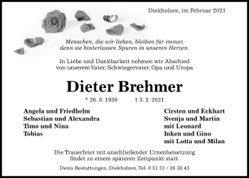 Traueranzeige von Dieter Brehmer von Hildesheimer Allgemeine Zeitung