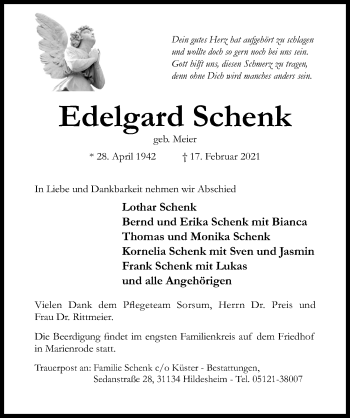 Traueranzeige von Edelgard Schenk von Hildesheimer Allgemeine Zeitung