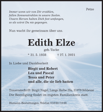 Traueranzeige von Edith Elze von Hildesheimer Allgemeine Zeitung