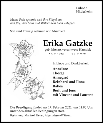 Traueranzeige von Erika Gatzke von Hildesheimer Allgemeine Zeitung