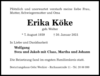 Traueranzeige von Erika Köke von Hildesheimer Allgemeine Zeitung