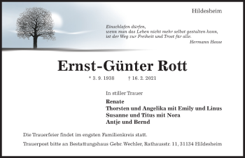 Traueranzeige von Ernst-Günter Rott von Hildesheimer Allgemeine Zeitung