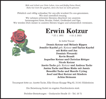 Traueranzeige von Erwin Kotzur von Hildesheimer Allgemeine Zeitung