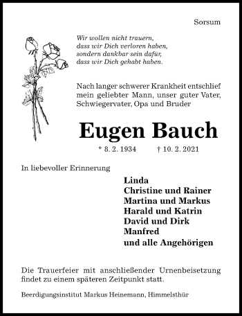 Traueranzeige von Eugen Bauch von Hildesheimer Allgemeine Zeitung