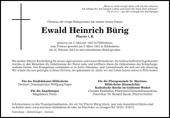 Traueranzeige von Ewald Heinrich Bürig von Hildesheimer Allgemeine Zeitung
