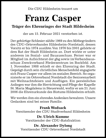 Traueranzeige von Franz Casper von Hildesheimer Allgemeine Zeitung