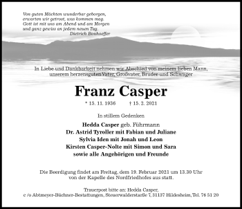 Traueranzeige von Franz Casper von Hildesheimer Allgemeine Zeitung