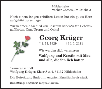 Traueranzeige von Georg Krüger von Hildesheimer Allgemeine Zeitung