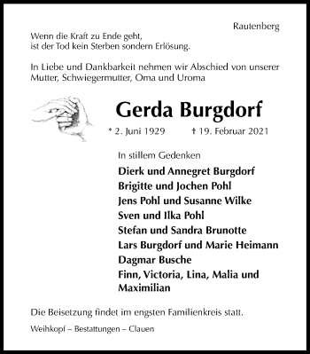 Traueranzeige von Gerda Burgdorf von Hildesheimer Allgemeine Zeitung