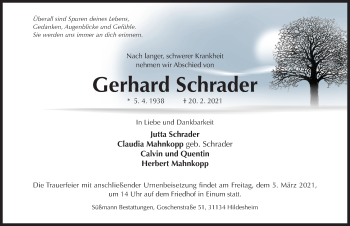 Traueranzeige von Gerhard Schrader von Hildesheimer Allgemeine Zeitung