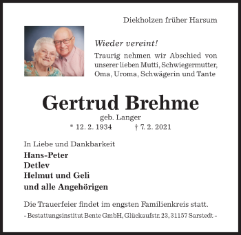 Traueranzeige von Gertrud Brehme von Hildesheimer Allgemeine Zeitung