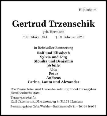 Traueranzeige von Gertrud Trzenschik von Hildesheimer Allgemeine Zeitung