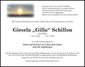 Traueranzeige von Giesela  Schillon von Hildesheimer Allgemeine Zeitung