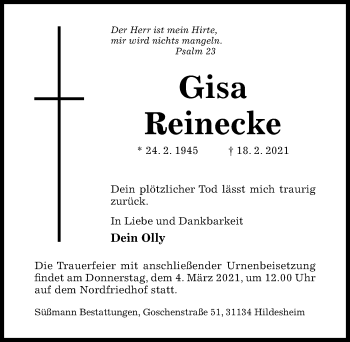 Traueranzeige von Gisa Reinecke von Hildesheimer Allgemeine Zeitung