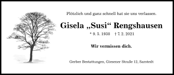 Traueranzeige von Gisela Rengshausen von Hildesheimer Allgemeine Zeitung