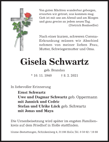Traueranzeige von Gisela Schwartz von Hildesheimer Allgemeine Zeitung
